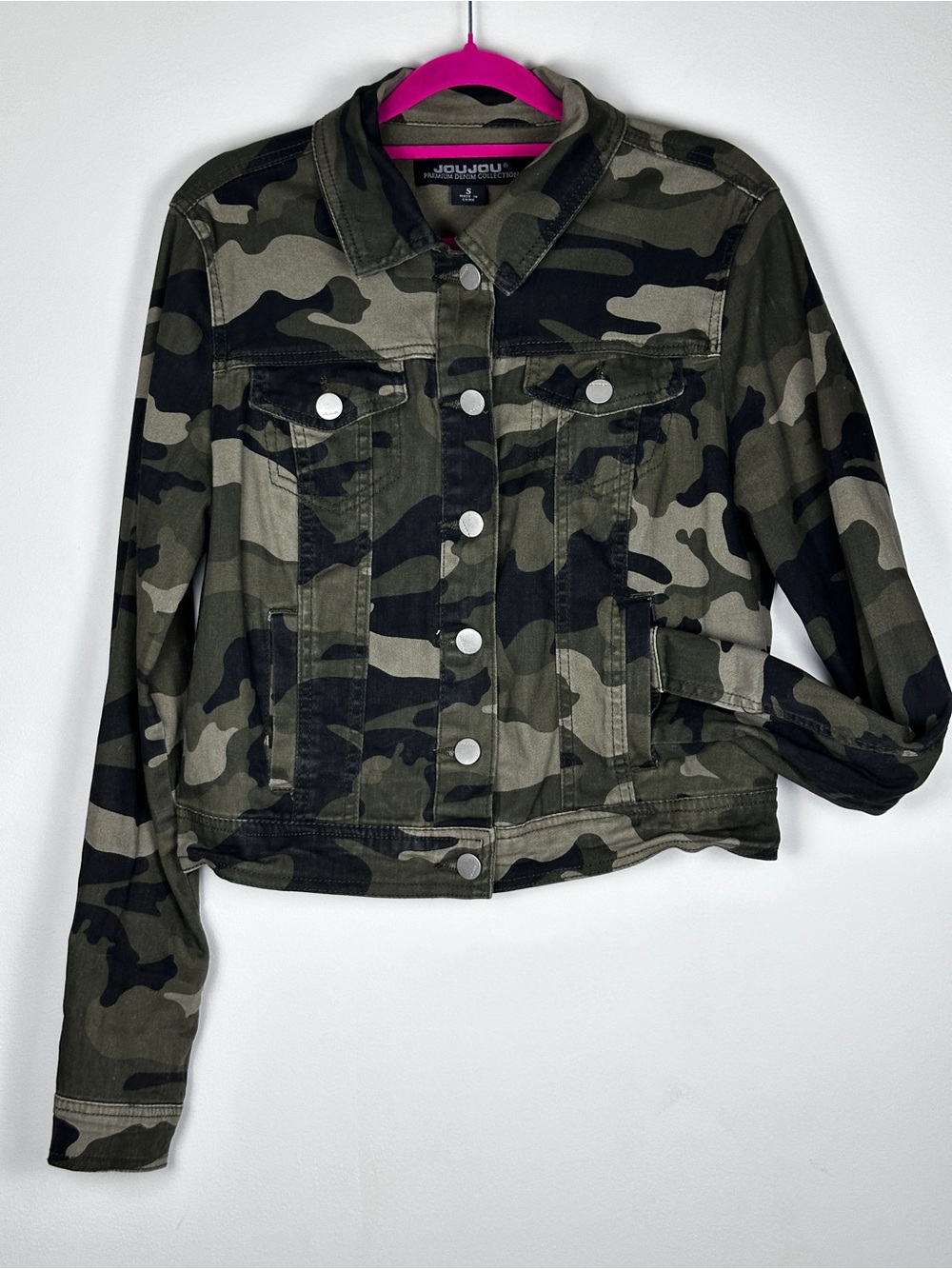JouJou Women’s S Camo Denim Jacket Stretch Cotton Military Green Trucker